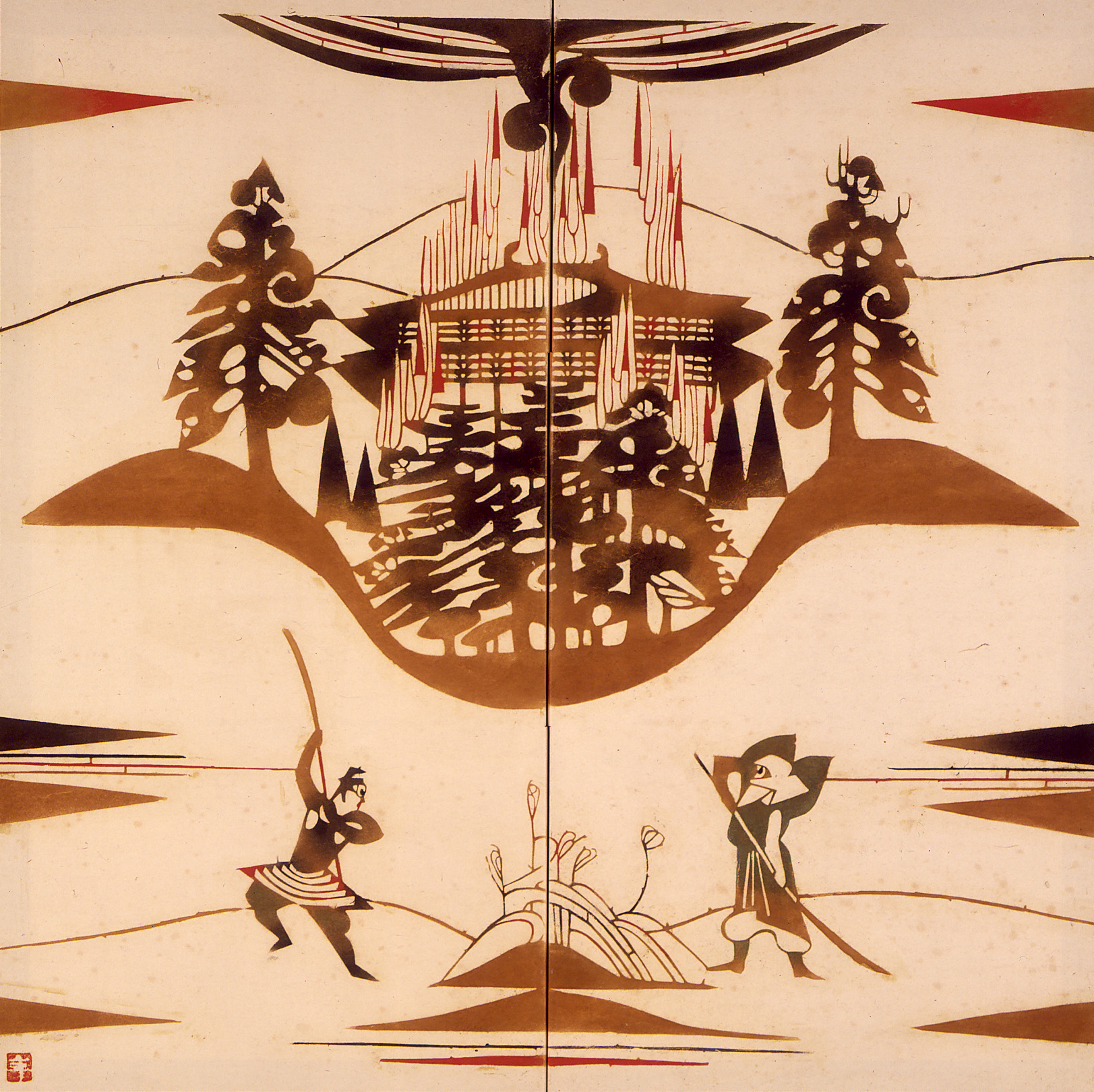 23号 駒武者 屏風 紙本型絵染平家物語屏風 大仏炎上 ひよどり越え 屋島落ち - 国立工芸館