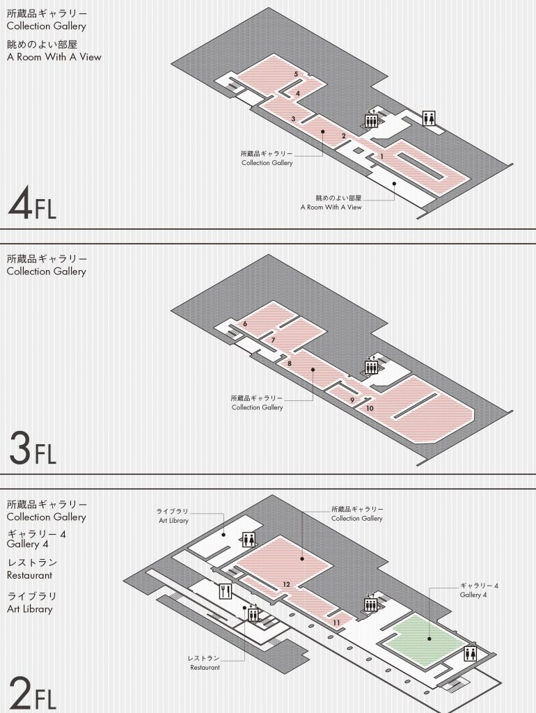 館内の 2階、3階、4階のフロアマップ 