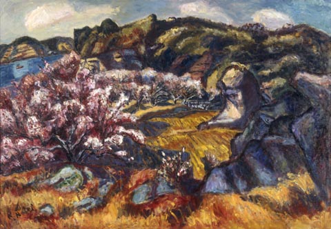 鍋井克之、【伊豆熱川の海岸】、希少な大判額装用画集より、美品、