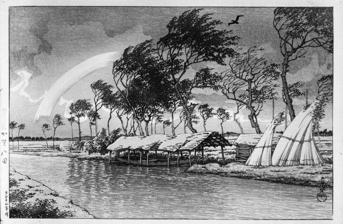 風景画　絵画　空　虹　幻想的　木倶知のりこ 『小箱のなかのビッグバン』の著者 信濃国 諏訪湖 1830年頃 （木版画