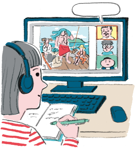 ヘッドセットをつけてパソコンに向かっている人が、オンラインで作品画像を他の人と鑑賞するプログラムに参加しているイラスト。