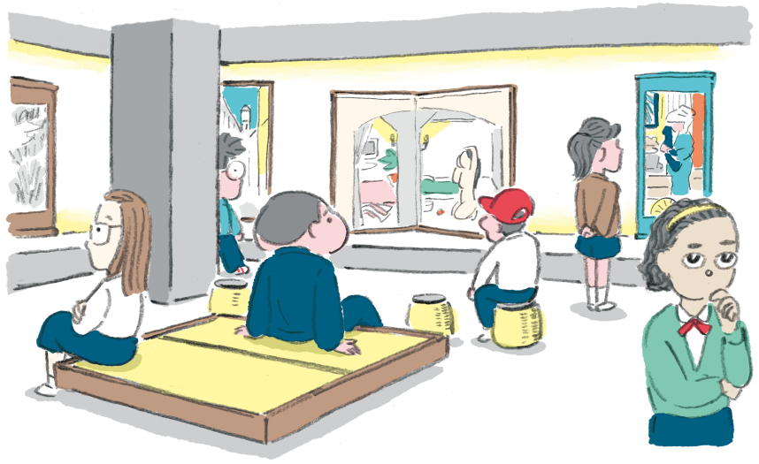 展示室で畳や籐椅子に座って日本画を鑑賞している学生たちのイラスト。